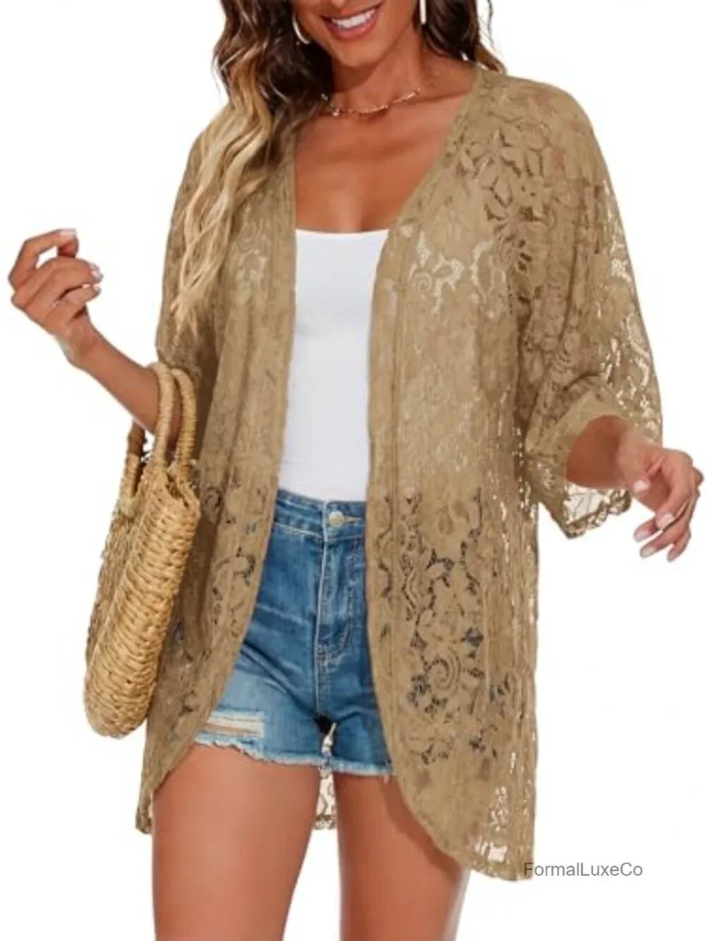 Lace Kimono Cardigan 3/4 Sleeve Sheer Shrug Cover Up